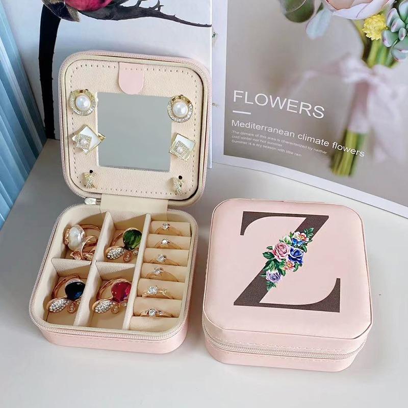 PU Leather Jewelry Box Mirror Storage Box 26 Letter Printed Portable Jewelry Organizer Earring Ring Necklace Case