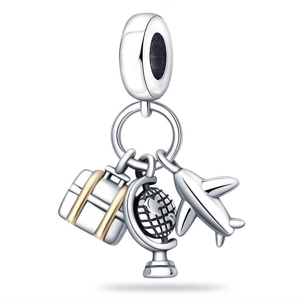 S925 Silver Travel Theme Airplane Luggage Camera Charm Beads DIY Bracelet Jewelry Accessories Set