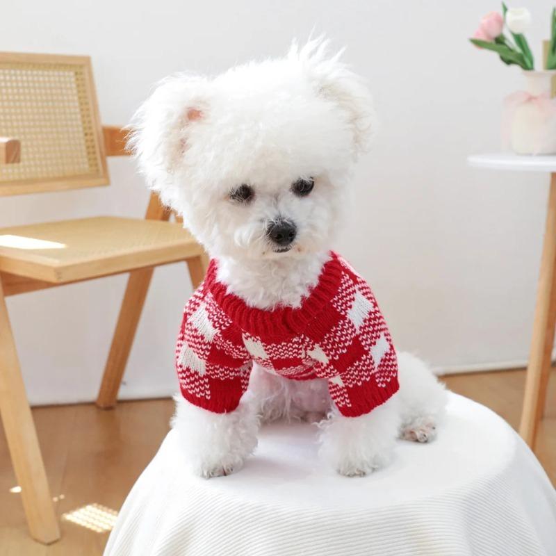1PC Red and White Plaid with Flower Sweater Pet Clothes Dog Cat Autumn Thickened Warm Jumper