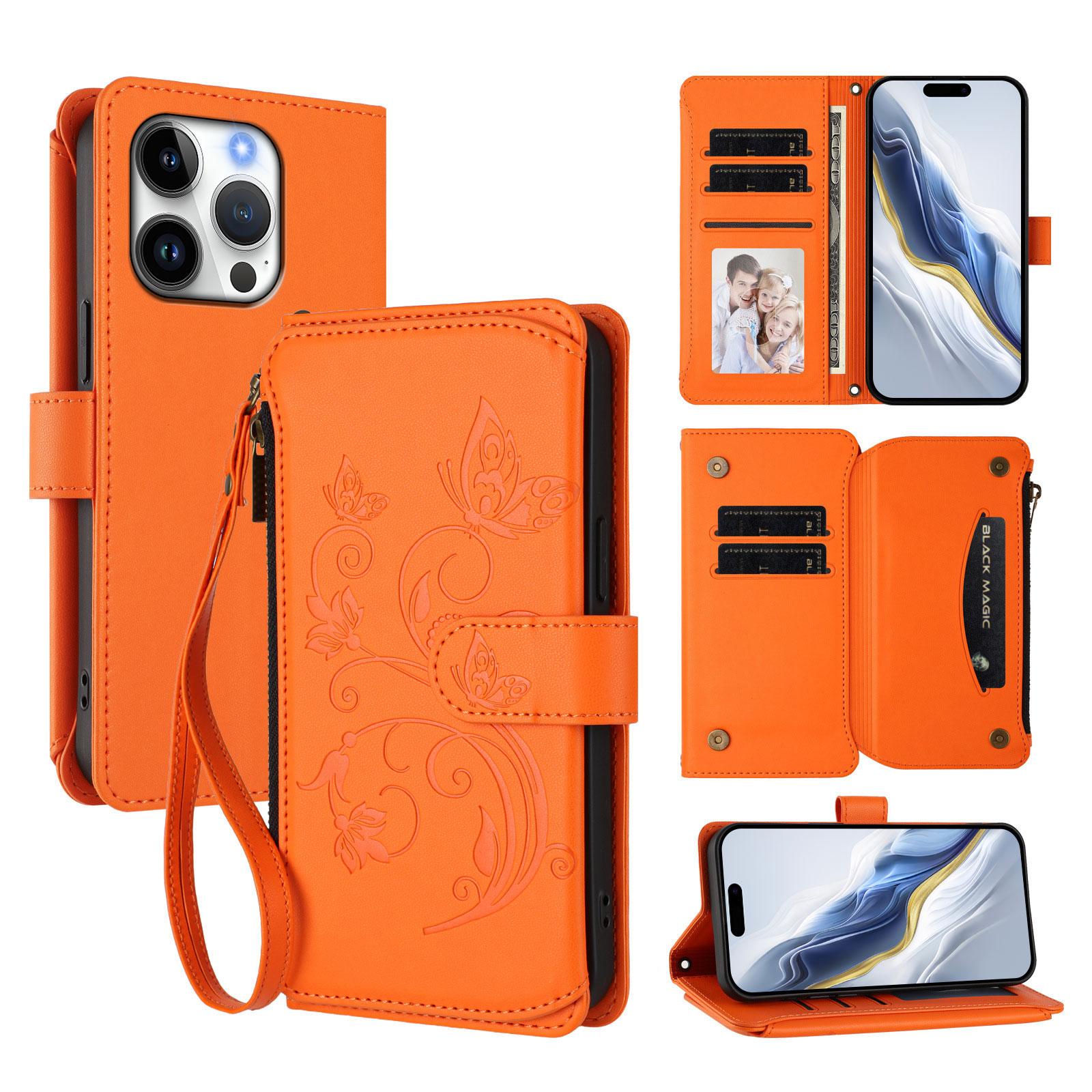 

For iPhone 16 Pro Leather Case Butterfly Floral Imprint Zipper Wallet Stand Cover with Wrist Strap Orange