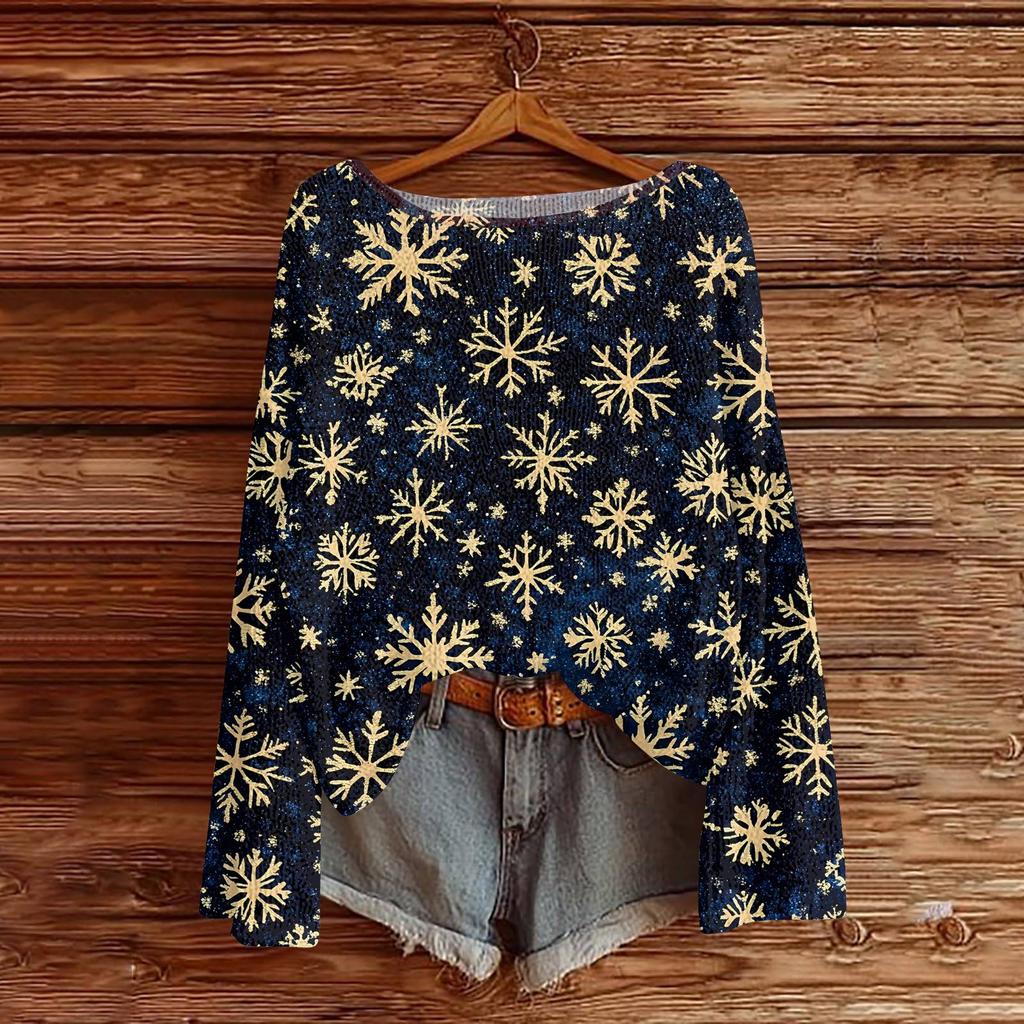 Women's Round Neck Lightweight Sweater Casual Long Sleeve Christmas Print Knit Pullover.