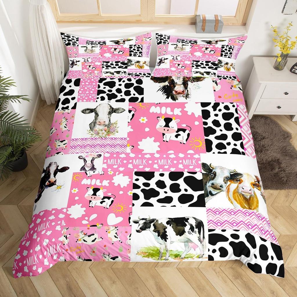 Cartoon Farmhouse Duvet  Cover Set Queen King Size Cute Cow Farm Animal Bedding Set 3 Piece Set with 2 Pillowcases No Quilt