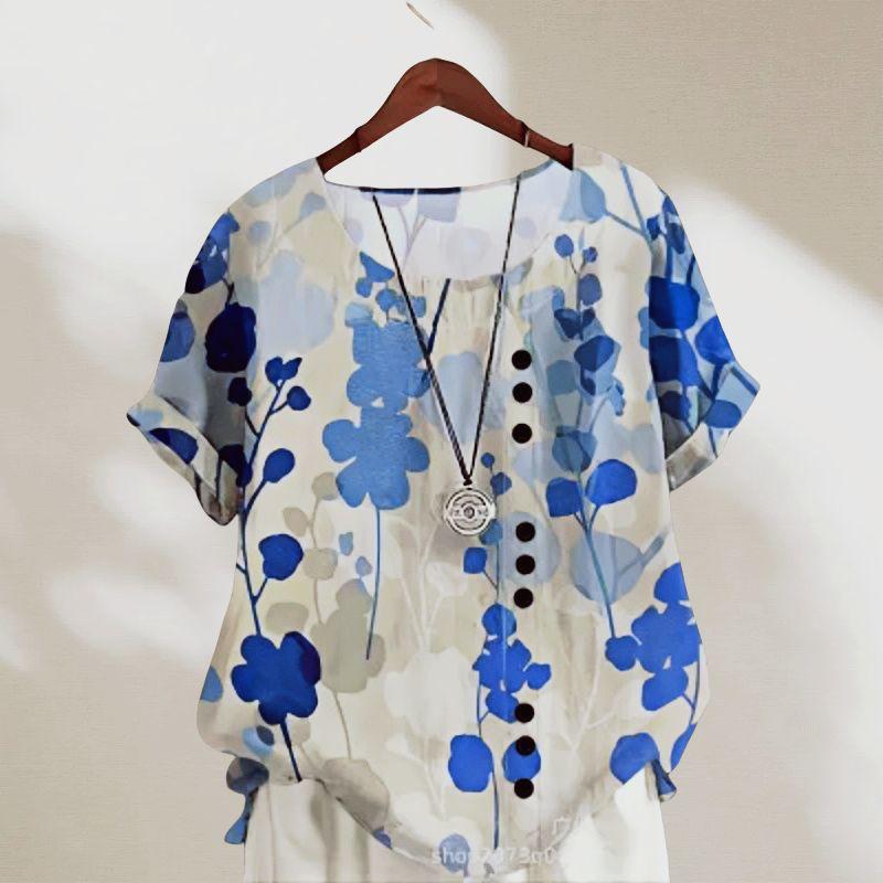 

Женская одежда больших размеров Мода Ретро Артистичный Летний Новый круглый вырез Принт Повседневный Свободный Хлопок и Лен Футболка с коротким рукавом Топ Light blue flowers XL Plus size