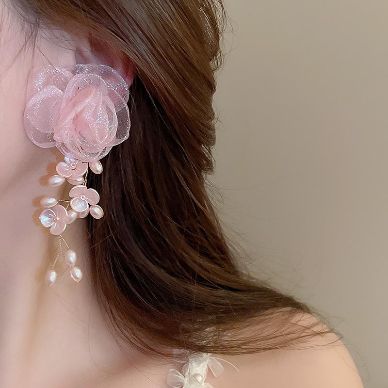 Pink Yarn Mesh Flowers Tassel Dangle Earrings for Women Sweet Girly Imitation Pearl Pendientes Fairy Lolita Party Ear Decoration