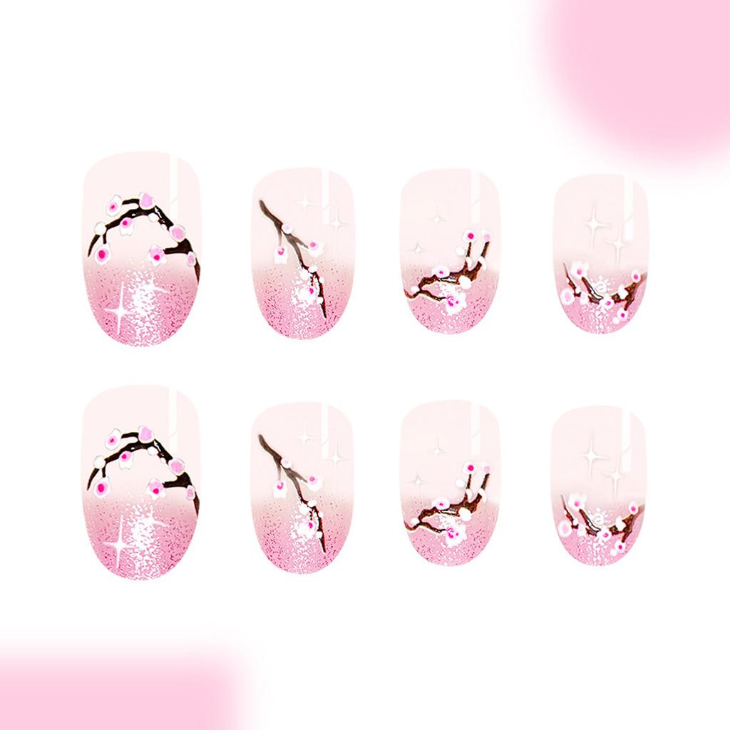 Flower Press On Nail Spring False Nail Short Oval Stick On Nail Glitters Acrylic Artificial Nail Manicure Nail Accesory