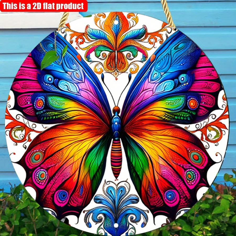 2D Flat 20*20cm1pc Vintage Style Butterfly with Rainbow Wings Design Hanging Wooden Art Decorative Plates, Decorative Signage Applicable To Bedroom