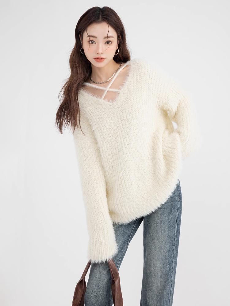 Zimowy sweter z dekoltem w serek dla kobiet Delikatne paski Luźny Słodki Leniwy Styl Pulower Dzianina Irregularny Japoński Styl Moda Dzianinowy Top