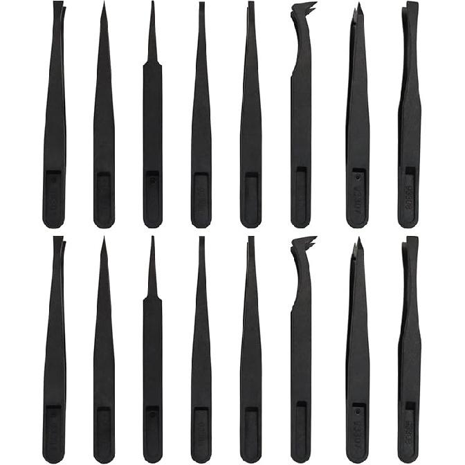 16 Pack Precision Plastic Tweezers, 4.5-4.8 Inch Anti-Static Tweezers Set with Curved and Straight Tips for Electronics Assembly, Watch Repair,
