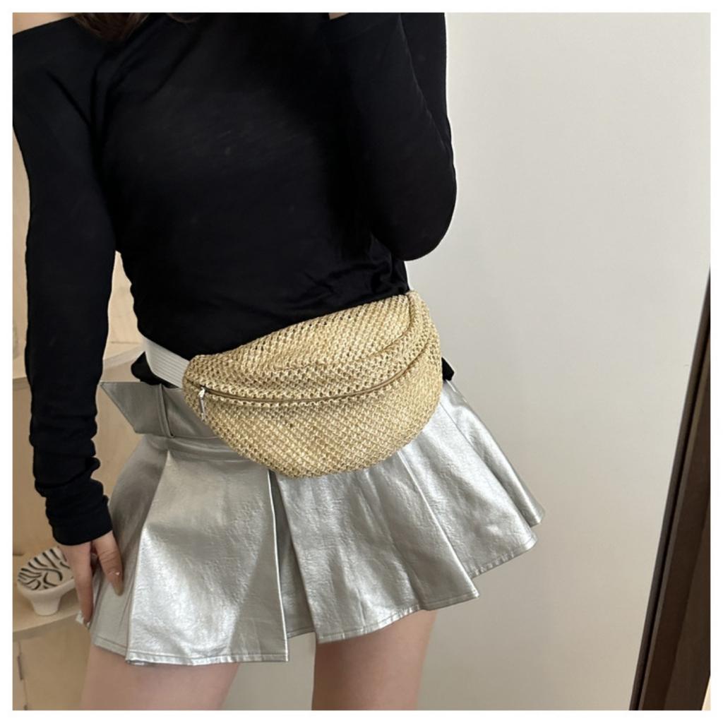 Women'S Stylish Woven Chest Bag - Light Brown, Breathable Crossbody Sling Phone Pouch with Zipper Closure, Versatile Waist Pack for Beach, Sports