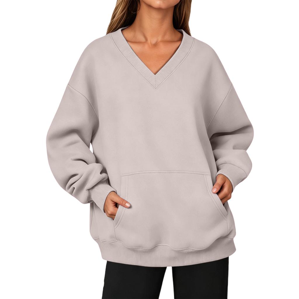 Women’s V Neck Long Pullover Sweatshirt with Pocket Loose Fit Casual Long Sleeve Top for Autumn and Winter