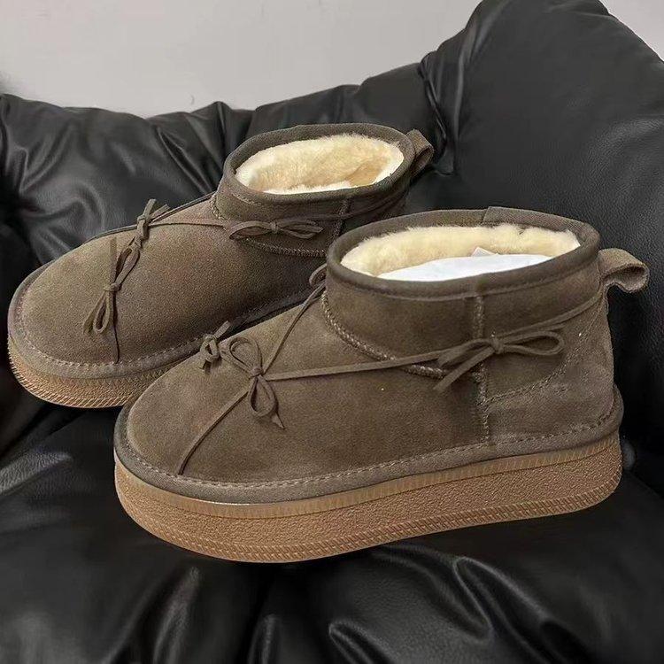 Bow thick-soled snow boots women's 2025 winter new leather integrated non-slip velvet thickened warm short boots