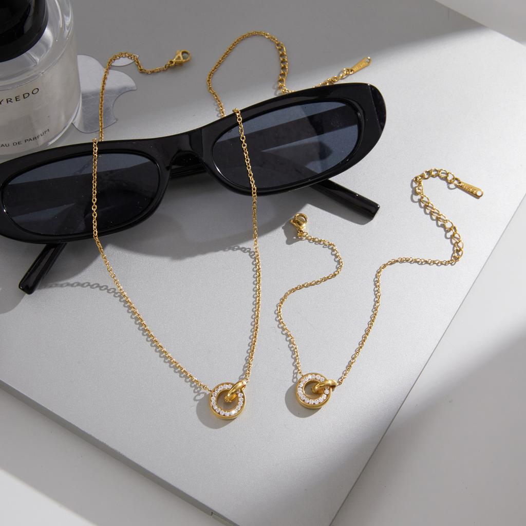 Youthway Delicate Zircon Circle Pendant Necklace Bracelet For Women 18K Gold PVD Plated Stainless Steel Necklace Bracelet Set