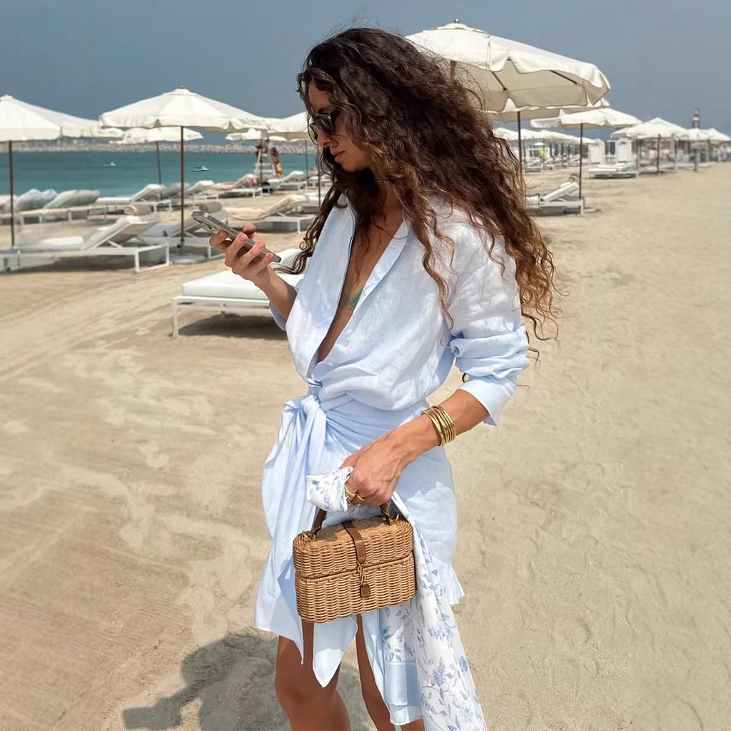 Shirt skirt European and American summer new vacation lazy solid color lace-up lapel hip shirt dress