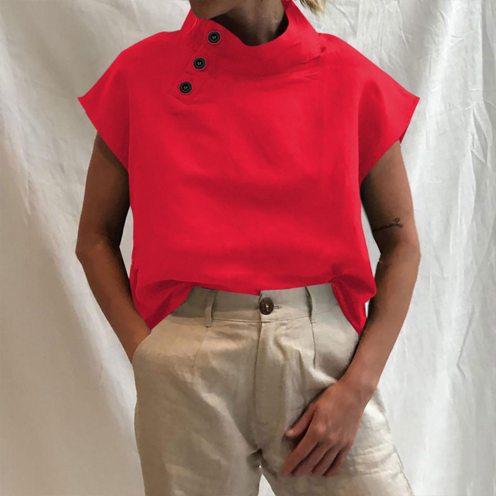 

Women s Color Short Sleeve Open Button Pullover Shirt Mock Neck Casual Top M червоний