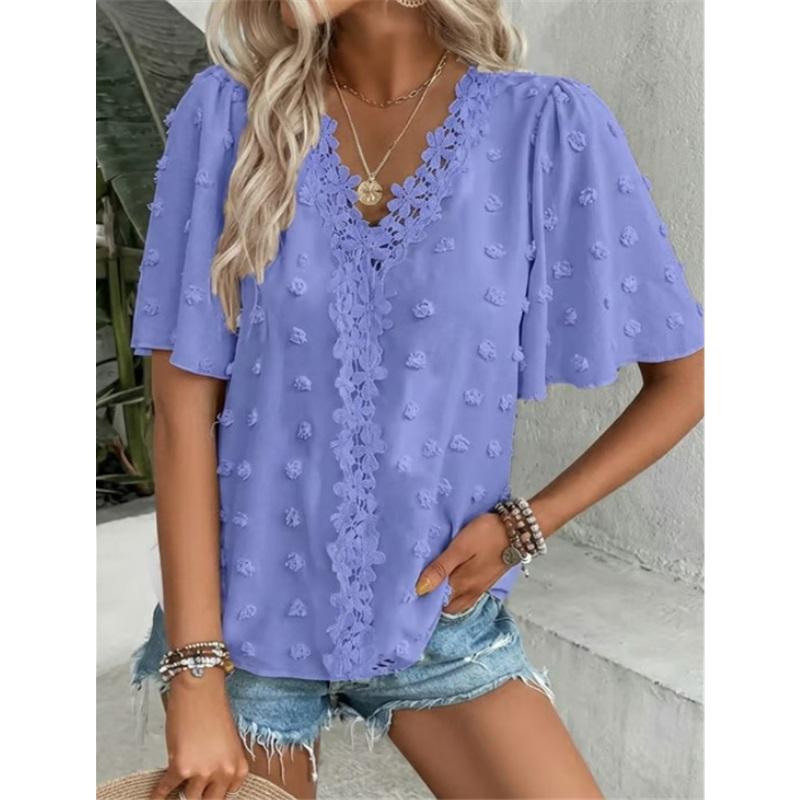 Comfortable Loose Jacquard Lace V-neck Short Sleeved Top For Women