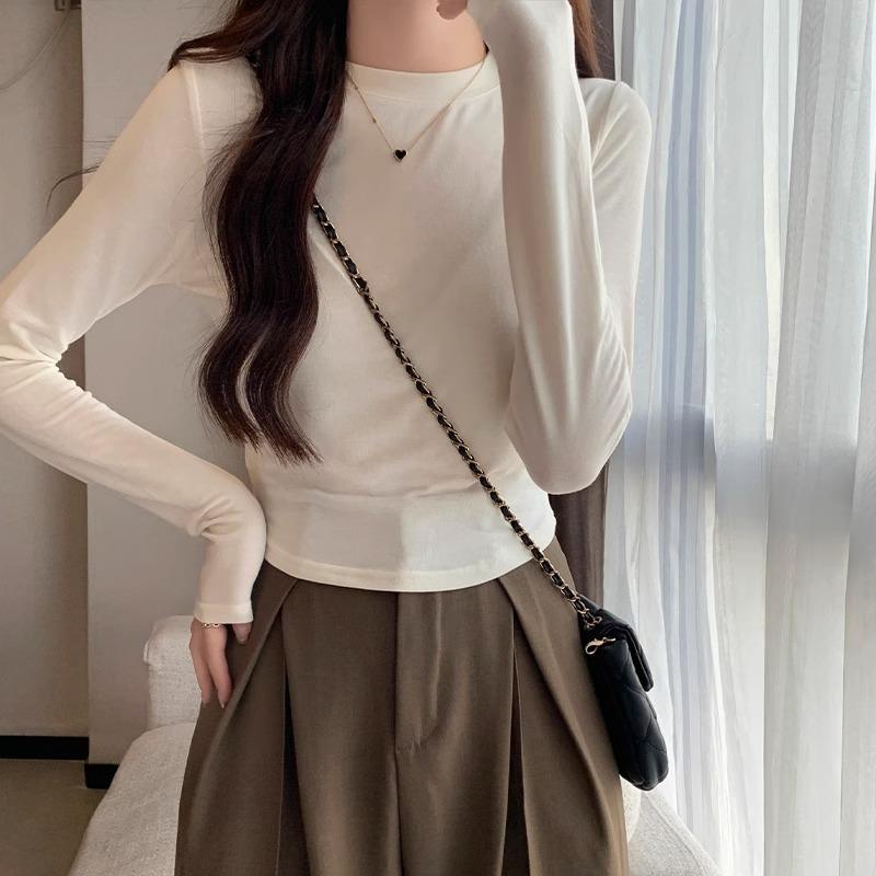 Designed Slim-fitting Right-shoulder Long-sleeved Round-neck Stretch T-shirt for Women In Early Autumn New Style High-waisted Short Bottoming Top