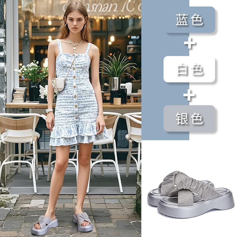 Rhinestone beach slippers women's 2025 summer new outer wear open-toed women's casual fashion half-drag platform women's shoes