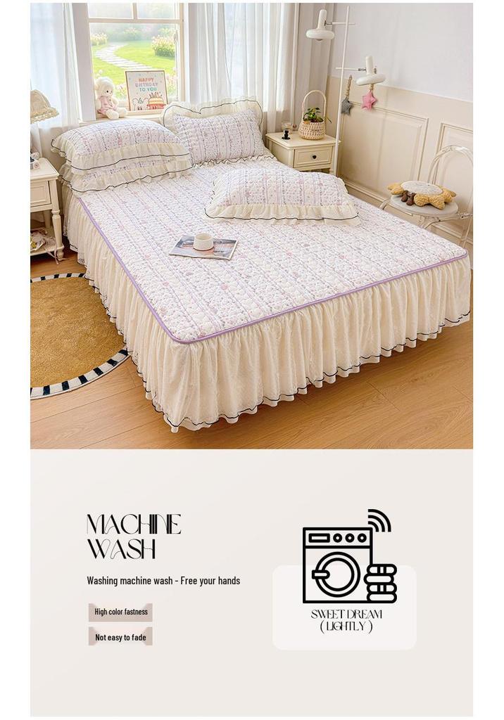 Korean Style Crinkled Gauze Quilted Bed Skirt with Fresh Lace Trim - Non-slip Home Bedding Set