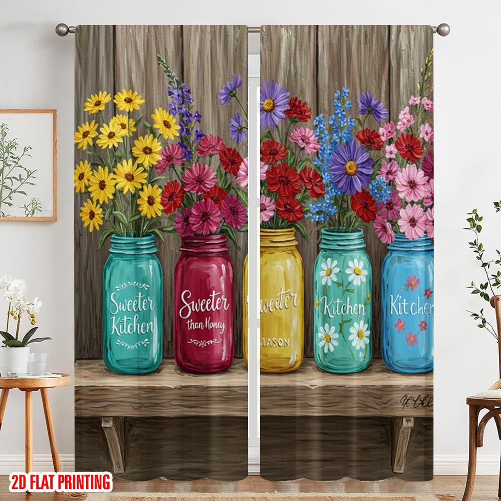2pcs 2D flat printing Curtains Kitchen Flowers Mason Jars 100% Polyester Without Electricity Seasonal Party & Holiday Decor