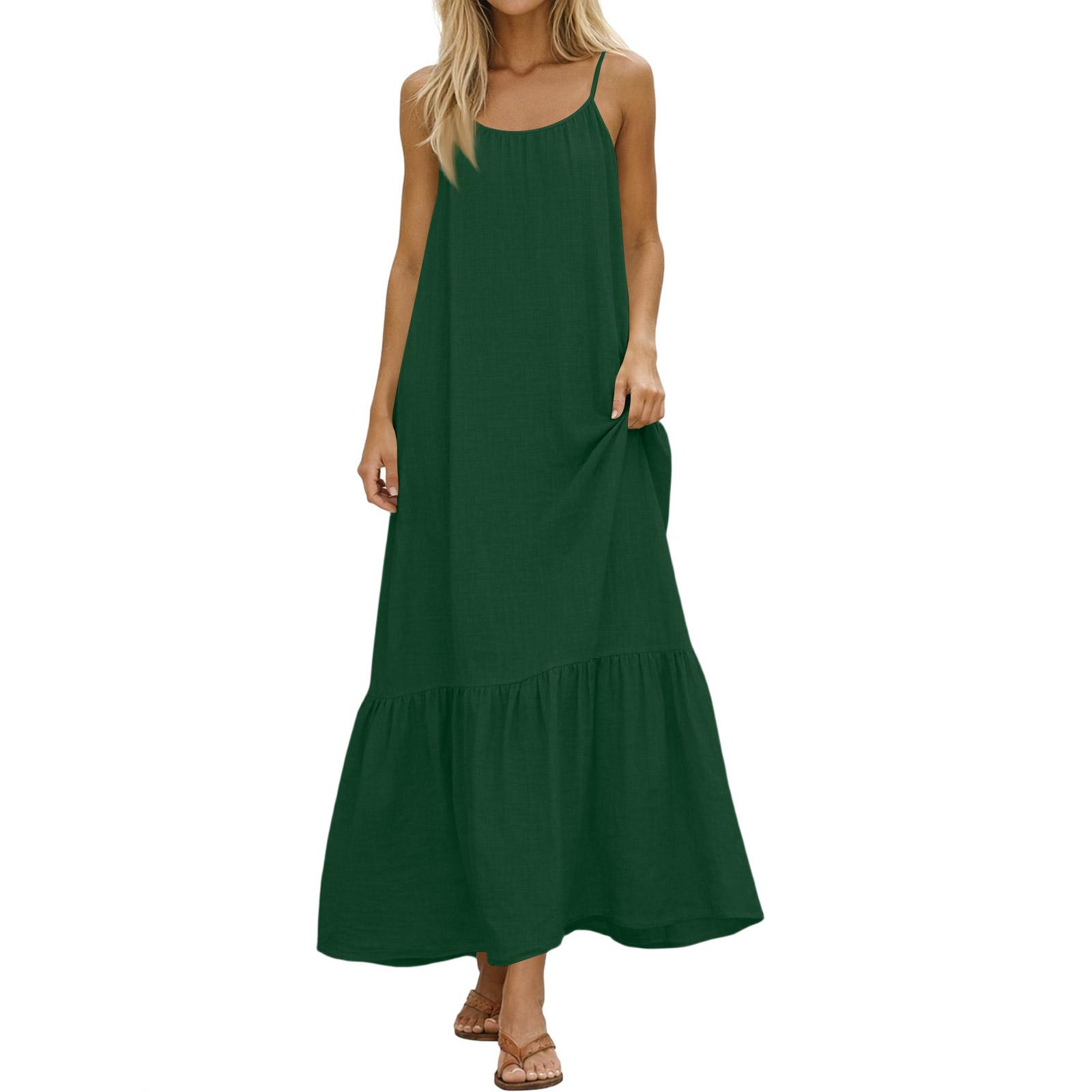 Women Summer Dresses  Spaghetti Strap Scoop Neck Smocked Ruffle Flowy Boho Maxi Dress L