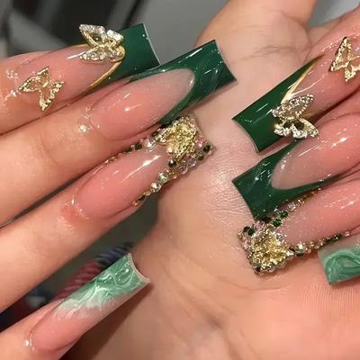 24Pcs Green French Fake Nails With Diamond Gold Butterfly Elegant Long Square Acrylic Artificial Press On Nails