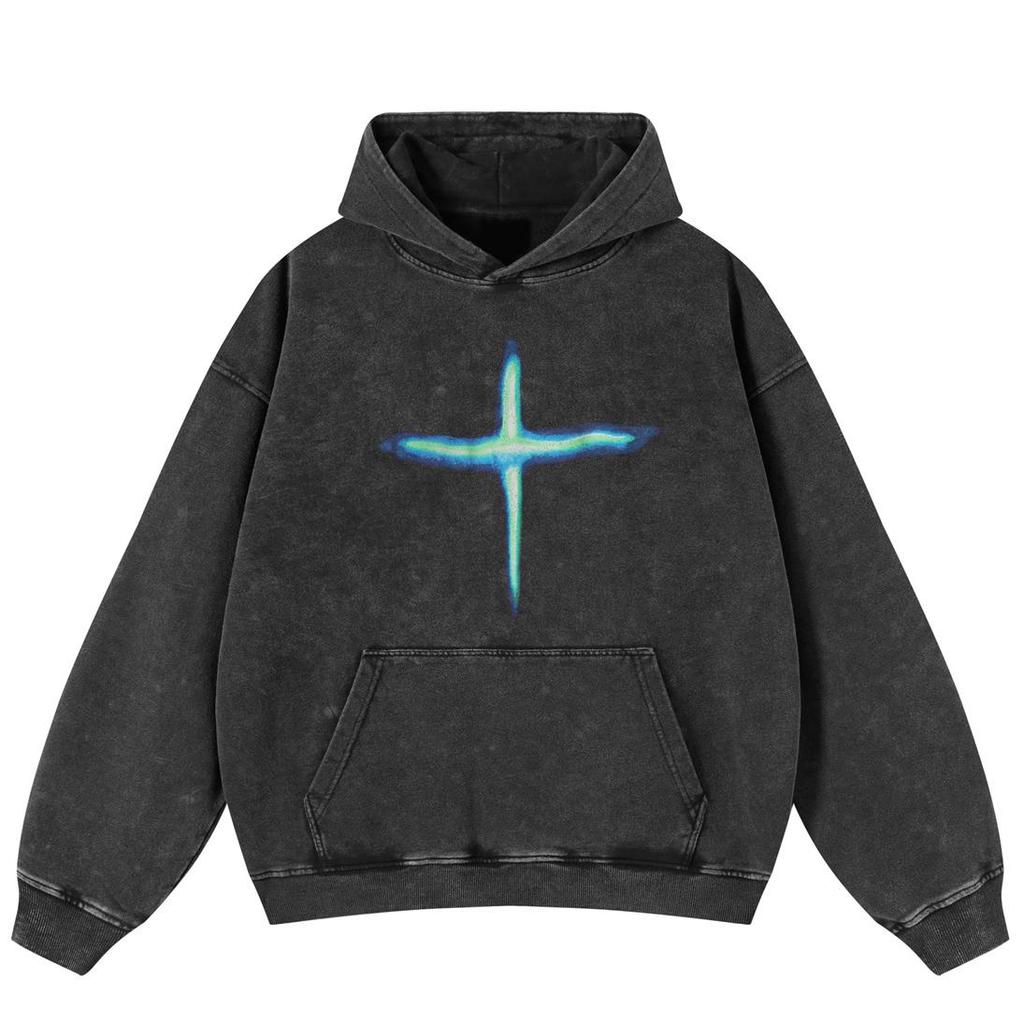 Streetwear Retro Cross Graphic Washed Black Oversized Unisex Y2K hettegenser
