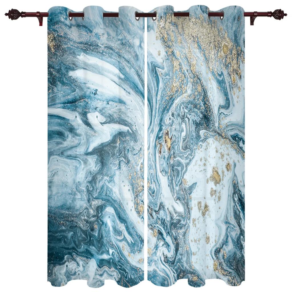 2Panels Modern Abstract Blue Golden Marble Living Room Bedroom Curtain Decor 3D Digital Printing Living Room Curtain
