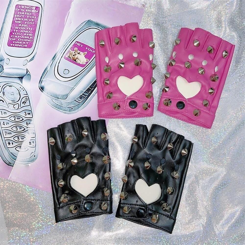 Fingerless Half-palm Gloves PU Leather Patent Leather Gloves Lolita Rivet Gloves  Hip-Hop
