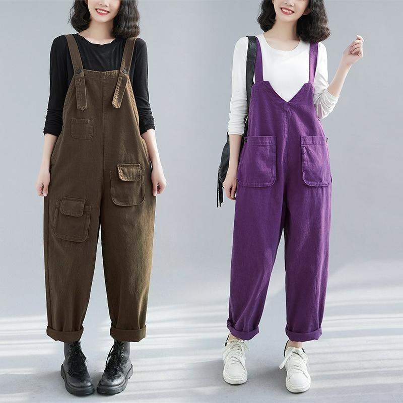 Autumn Literature and Art Large Size Loose and Thin Dark Denim Overalls Women's Harem Pants