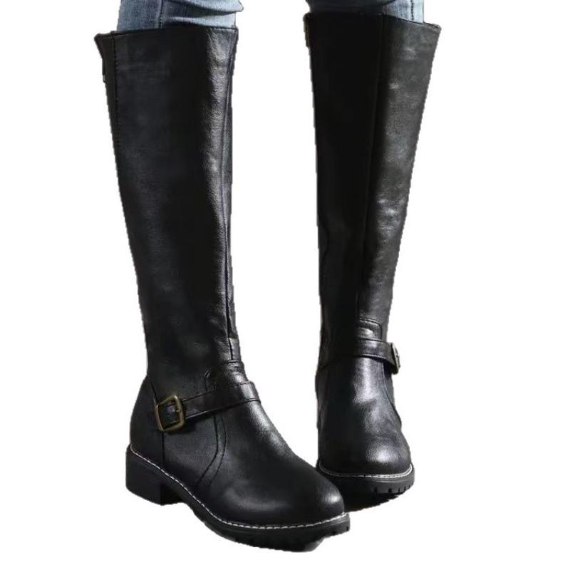 Vintage Belt Buckle Plus Size Low-heeled Knight Boots Women's 2025 Winter New High Boots
