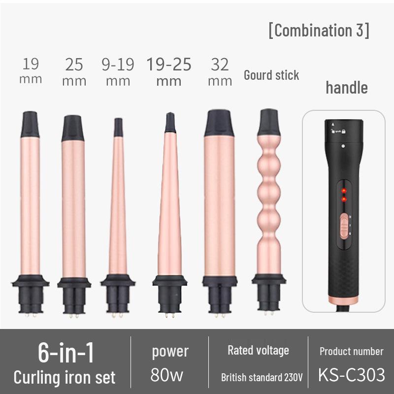 Yamei 6-in-1 Ceramic Curling Iron Set: 25mm Water Wave & Gourd Barrel Interchangeable Heads.
