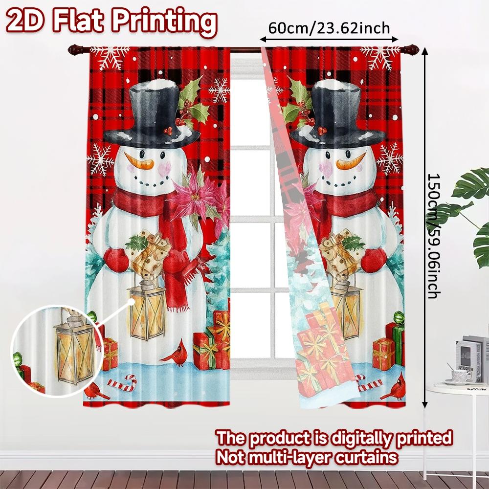 2pcs, 2D FLAT PRINTING Curtains (Without Rod) Festive Snowmen Minimalist Holiday Curtains Versatile Polyester Curtains Art Deco