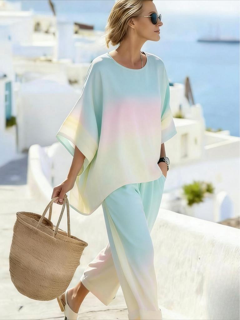 26 Summer Crew Neck Bat Sleeve Printed Two-piece Set Women's Loose Casual Top High Waist Wide Leg Pants Vacation Style Set