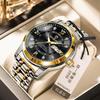 Binbang Men's Waterproof Quartz Watch with Luminous Dial, Rhinestone Accents, Dual Calendar, and Steel Strap.
