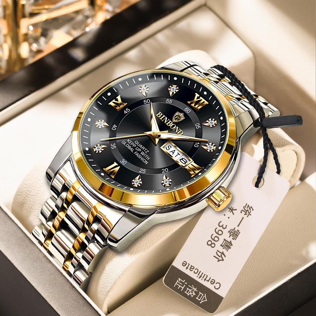 Binbang Men's Waterproof Quartz Watch with Luminous Dial, Rhinestone Accents, Dual Calendar, and Steel Strap.