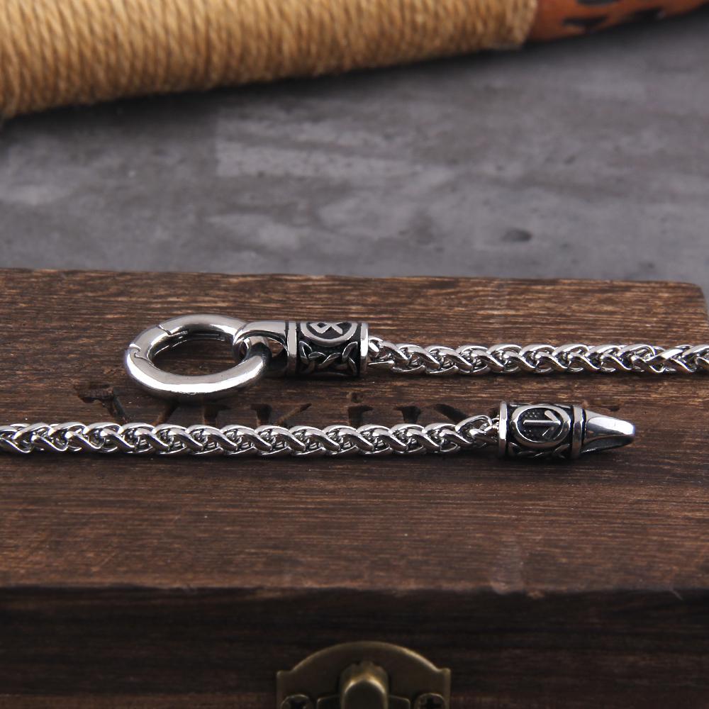 Nordiskt Vikingarune Hänge Halsband med Öppen Rund Lås Rostfritt Stål Kedja och Trä Presentförpackning
