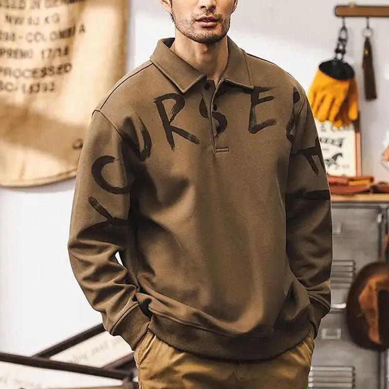 

Casual American Retro Letter Sweatshirts Men s Clothing Lapel Button Spring Autumn New Stylish Printed Loose Long Sleeve Hoodies L коричневий