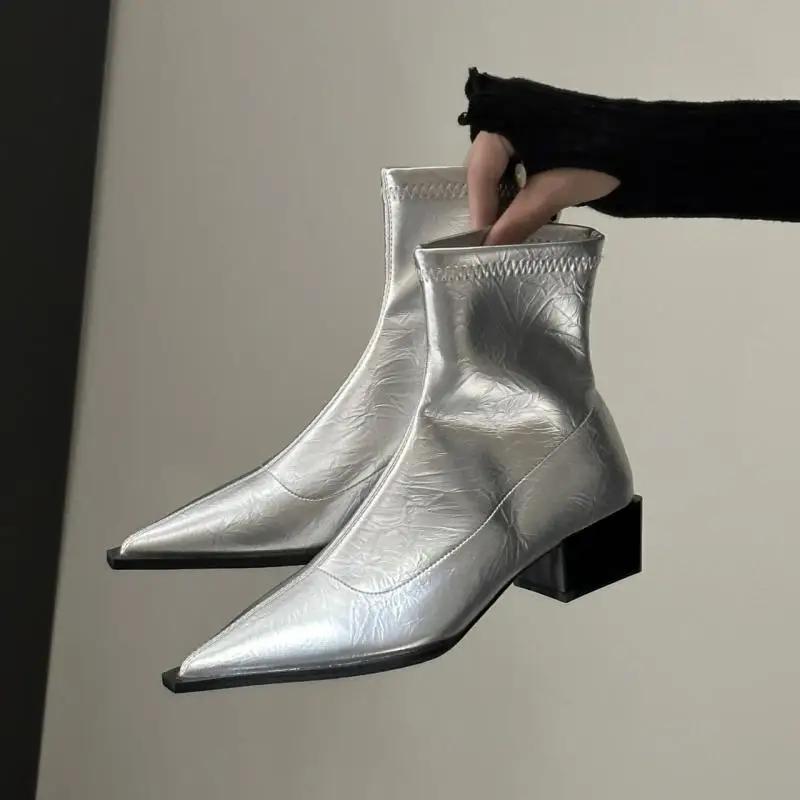 Fashion Sexy Pointed Toe Slip On Chelsea Boots Women 2025 Autumn Fashion Silver Square Medium Heel Ankle Boots Soft Elastic Pu Booties