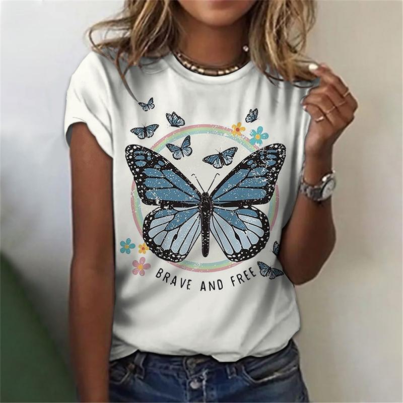 

Элегантная и элегантная футболка с принтом бабочки, красивая футболка с короткими рукавами и круглым вырезом, модная летом