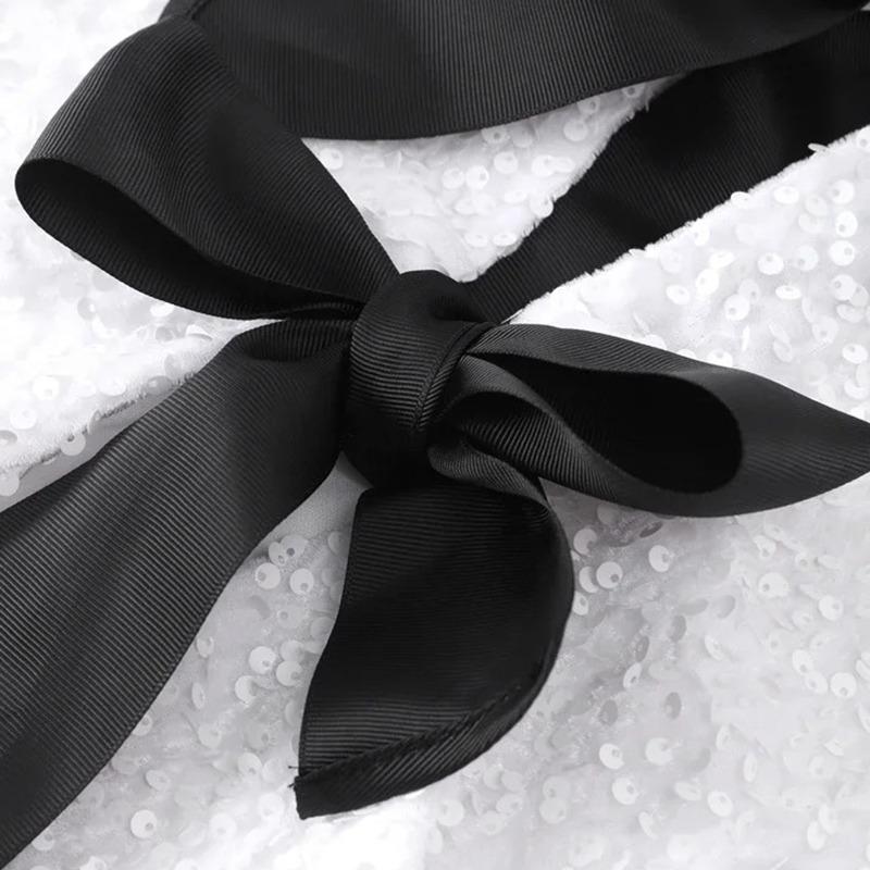 Elegant Bow Handmade Sequins Short Shirt Women Lace-Up Shinny Sweet Top New Fashion Long Sleeve O-neck Blouses Beautiful Thin Coat Casual Outwear