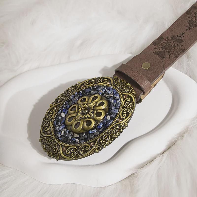 "European and American Women's Retro Turquoise Embossed Belt - Western Style Fashion Accessory"