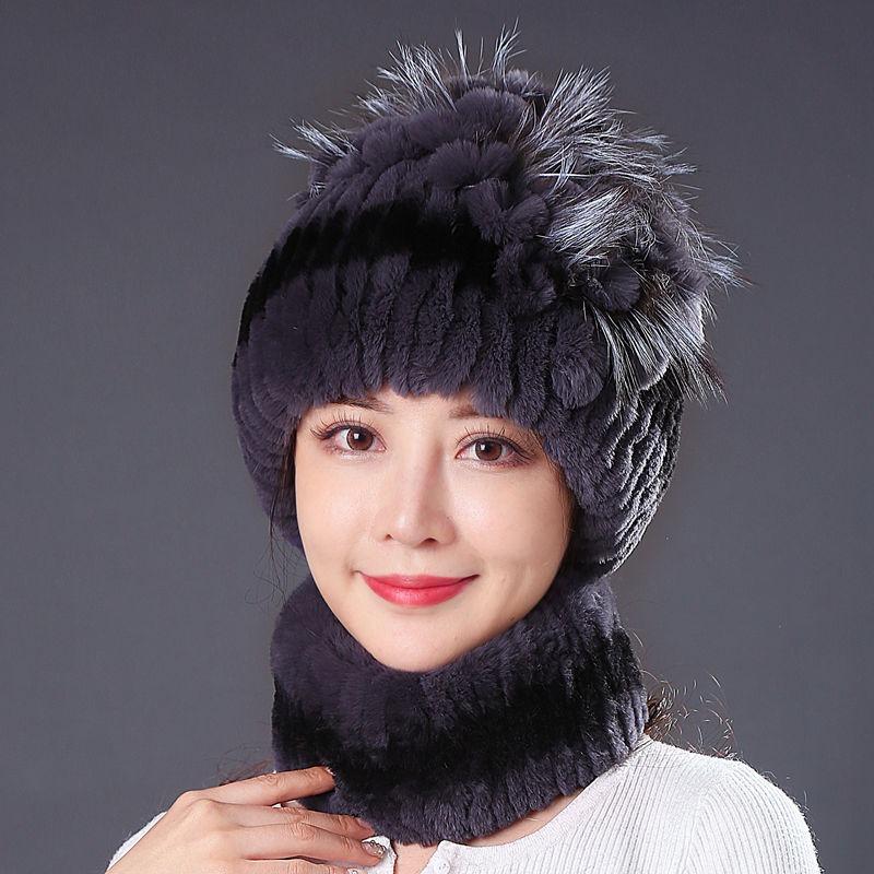 Fur Hat Winter Female Warm Scarf Mother Middle Aged Thickened Rex Rabbit Hair Hat Female Autumn and Winter