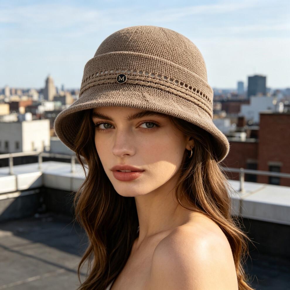 (One Size, Dark Brown) Women's Bucket Hat Hollow Knit Breathable Fisherman Cap Stylish Decorative Letter Detail Sun Hat