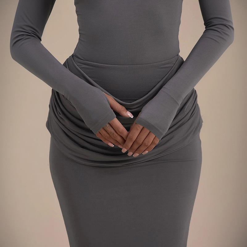 2025 European & American Women's Sexy Ruched Long-Sleeve Dress with Back Slit