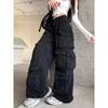JYL Men's Cargo Pants Street Fashion Gray Patch Multi-Pocket Washed Wide-Leg Denim
