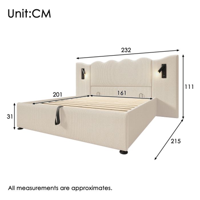 Lit double capitonné - MUVOE - 160x200 - Beige - Tissu velours côtelé - Lampe de lecture USB-C