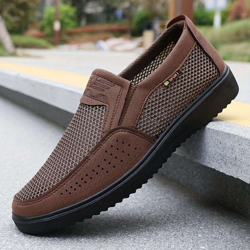 Lightweight Men's Breathable Slip-On Casual Shoes - Brown Mesh Fabric Low Top Walking Sneakers for Outdoor, All-Season Comfort