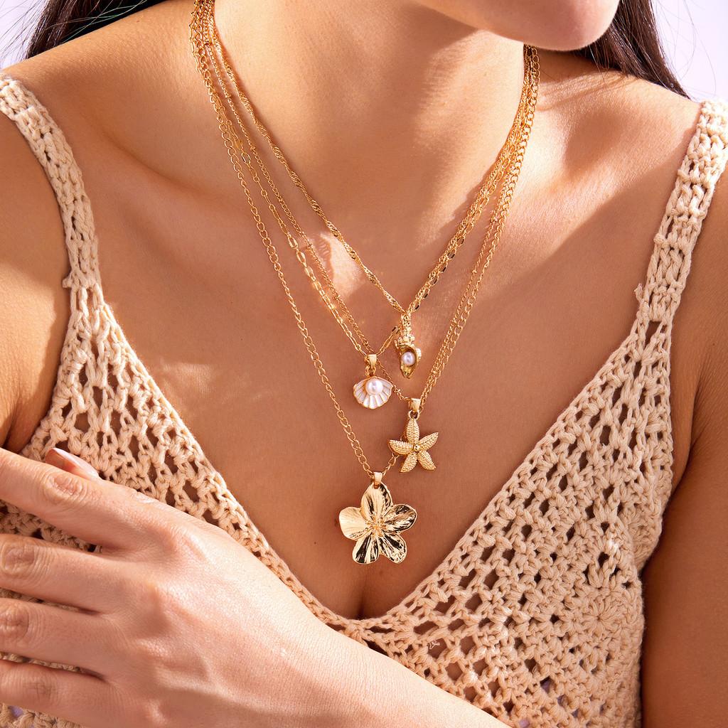Bohemian Starfish Pearl Pendant Necklace For Women With Multilayer Design And Zinc Alloy Chain