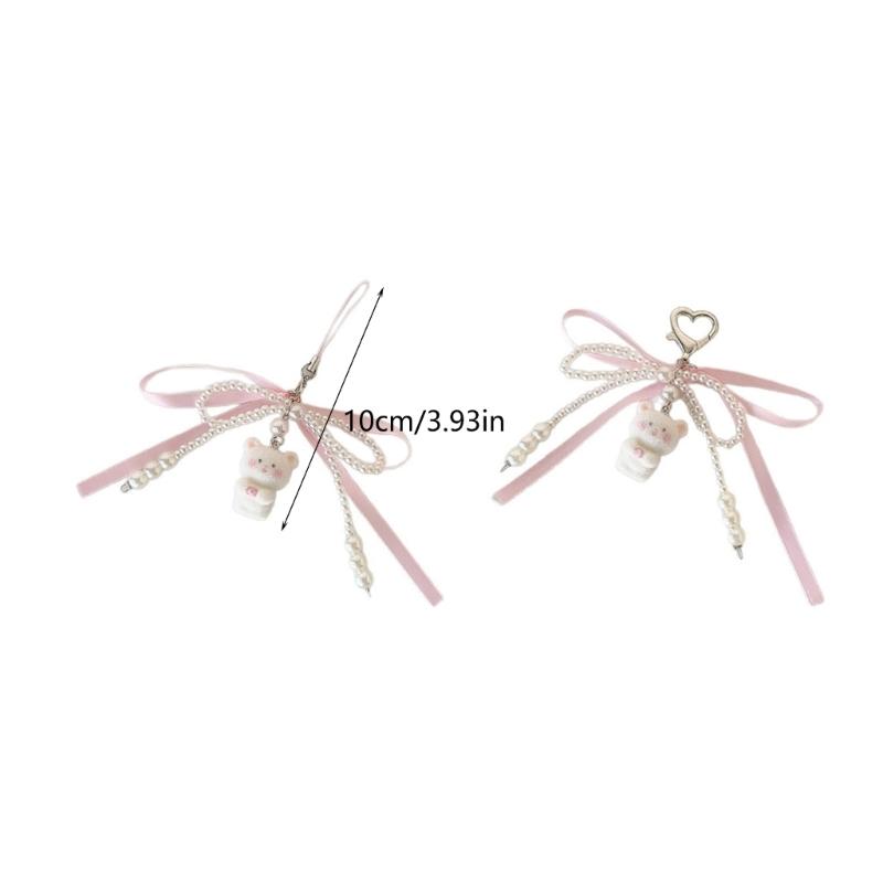 Stylish Flocking Bear Keychain With Pearls Accent and Ribbon Bowknot Stylish Purse Or Car Key Holder Accessory