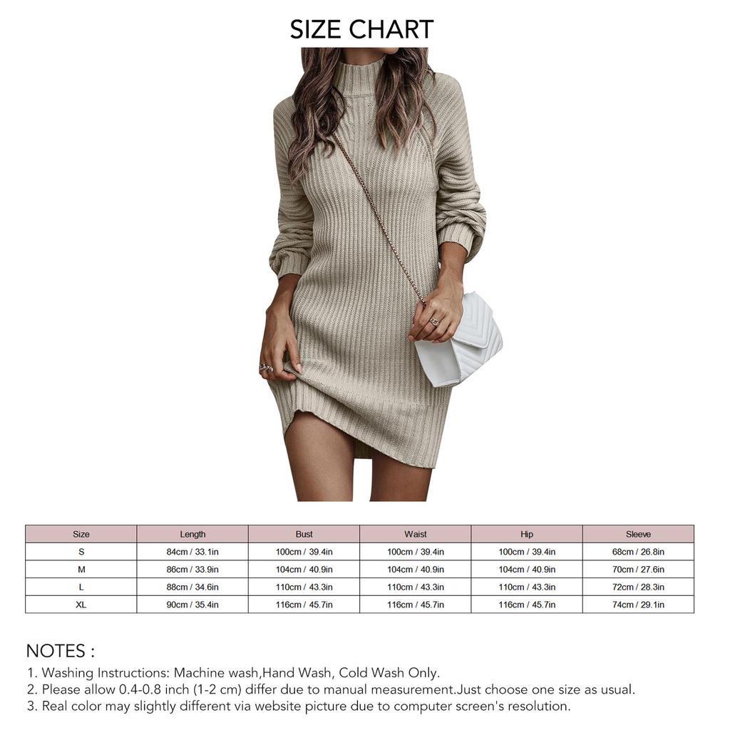 Bodycon Sweater Dress Long Lantern Sleeve Stand Collar Pure Color Ribbed Mini Sweater Dress for